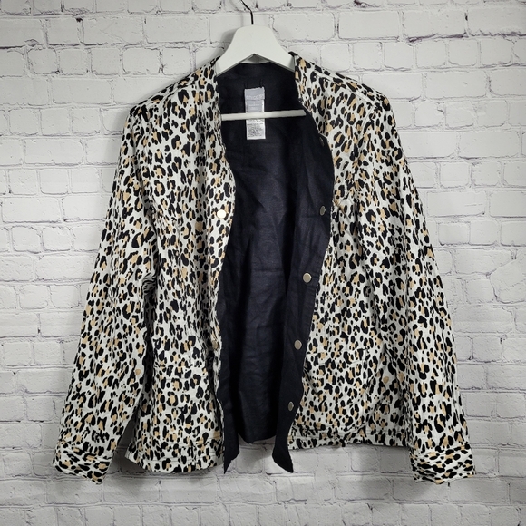 Chico's Leopard Print Long Sleeve Gold Snap Down Jacket - Picture 3 of 7